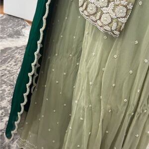 Elegant Green and Beige Embellished Fabric